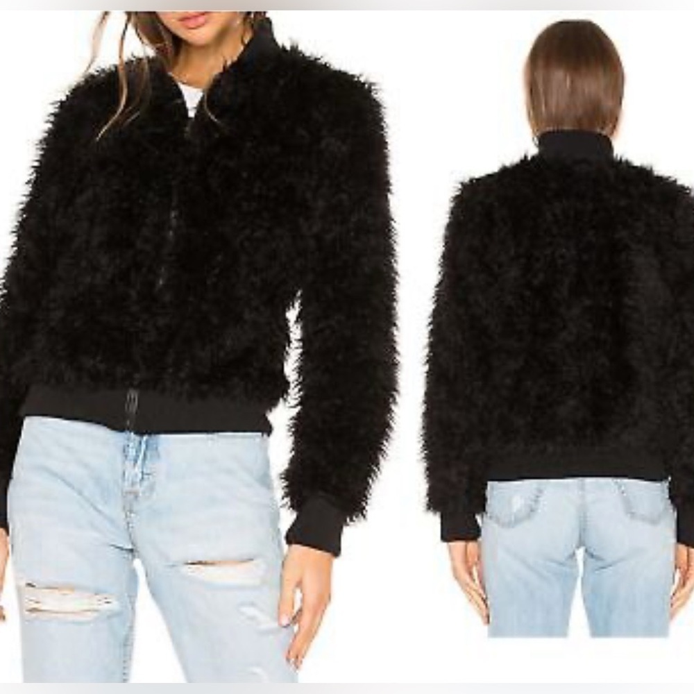 CHASER Faux Lamby Bomber Jacket in Black Size M